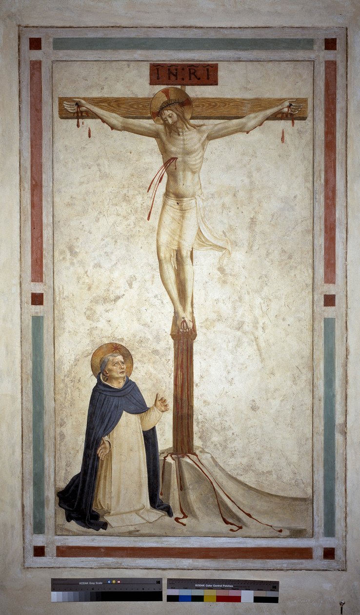 صلب مع سانت دومينيك. نقش "INRI" على الصليب. فريسكو من قبل Guido di Pietro بواسطة فرا انجيليكو