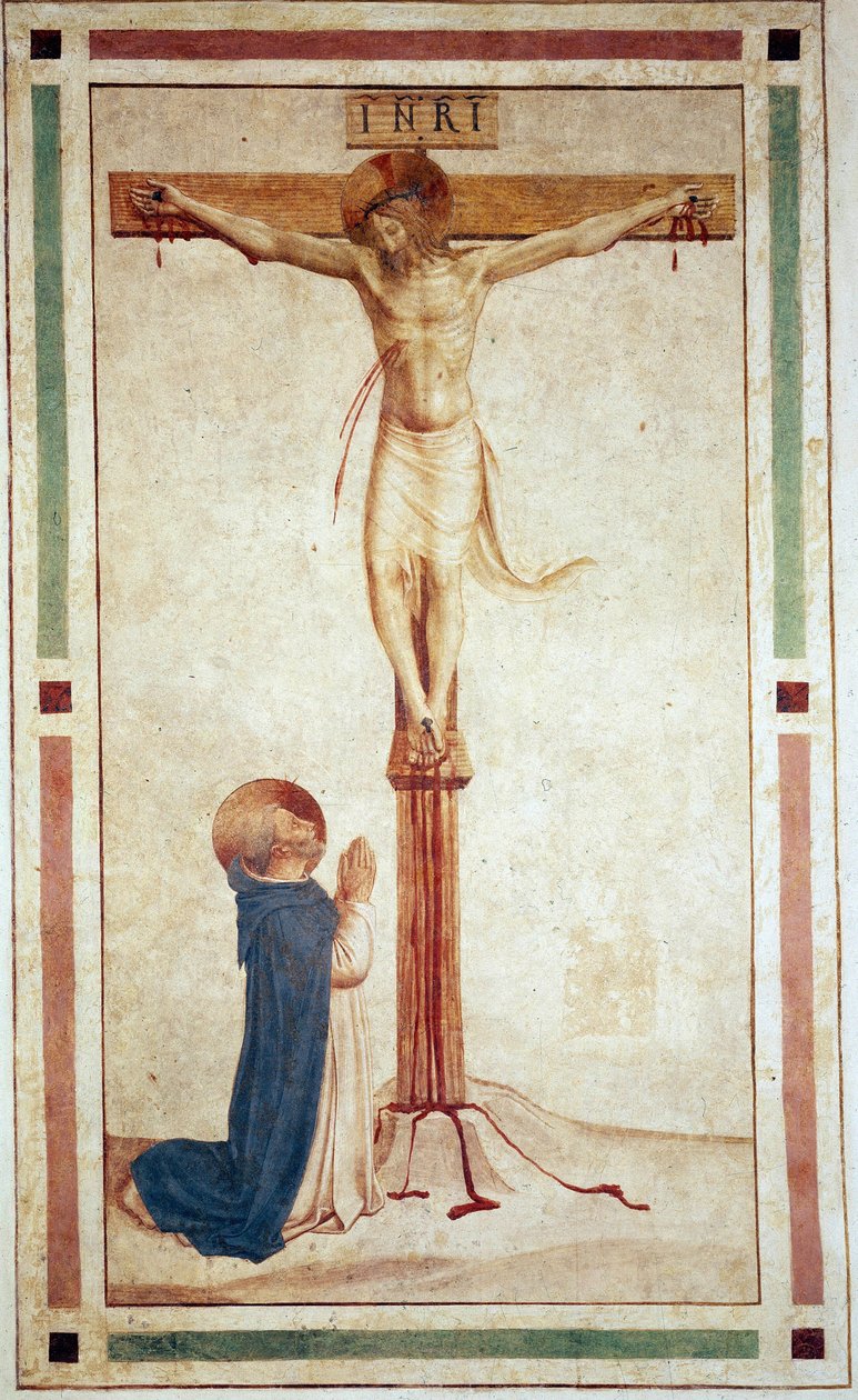 الصلب مع القديس دومينيك. نقش "INRI" على الصليب. فريسكو من قبل Guido di Pietro بواسطة فرا انجيليكو