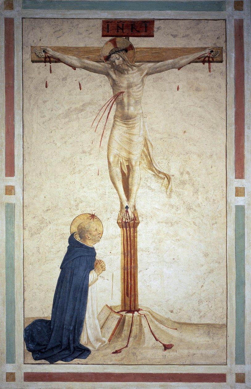 الصلب مع القديس دومينيك. نقش "INRI" على الصليب. فريسكو من قبل Guido di Pietro بواسطة فرا انجيليكو