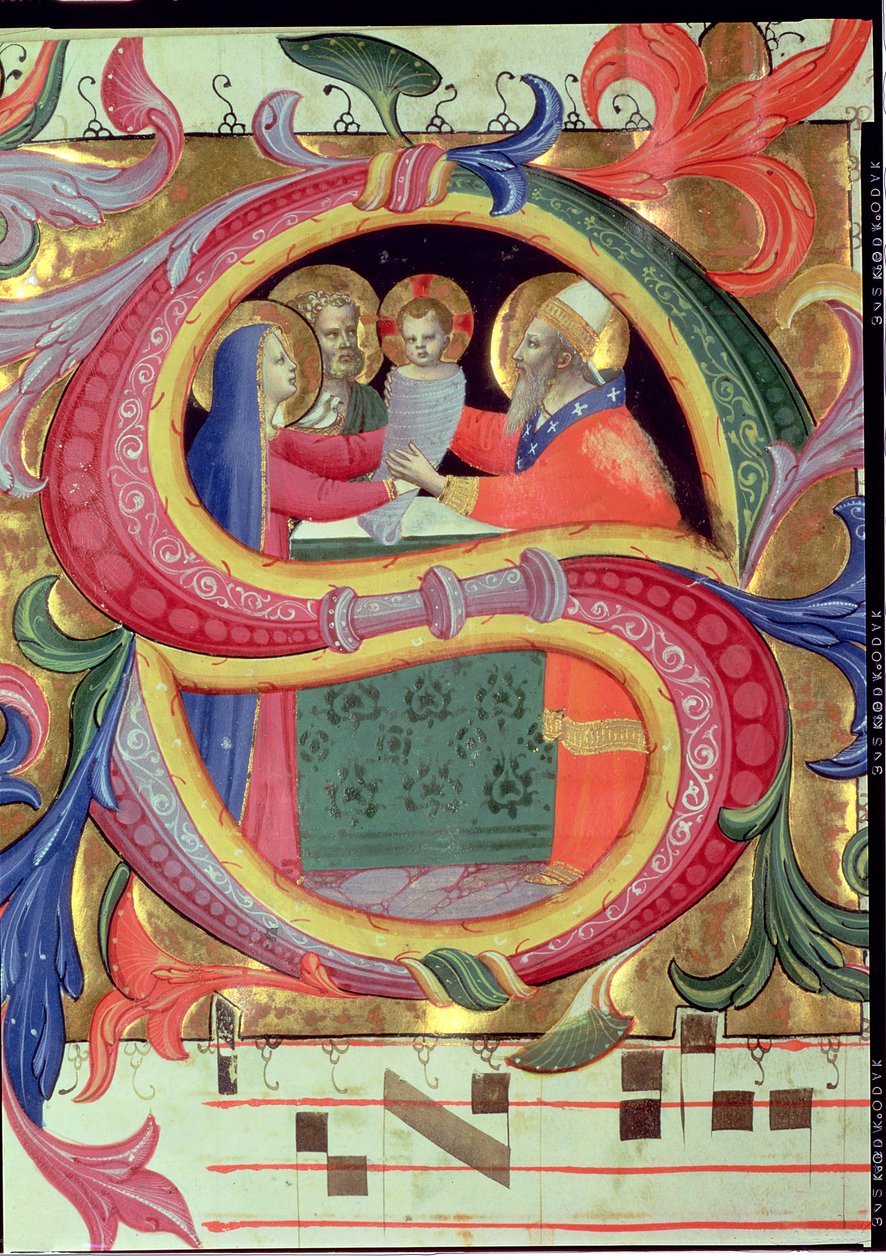 Ms 558 f.26v العرض التقديمي في المعبد ، مُصوَّرًا بشكل أولي تاريخي S ، تفاصيل من قداس ، 1430 تفاصيل أولية من 78832 بواسطة فرا انجيليكو