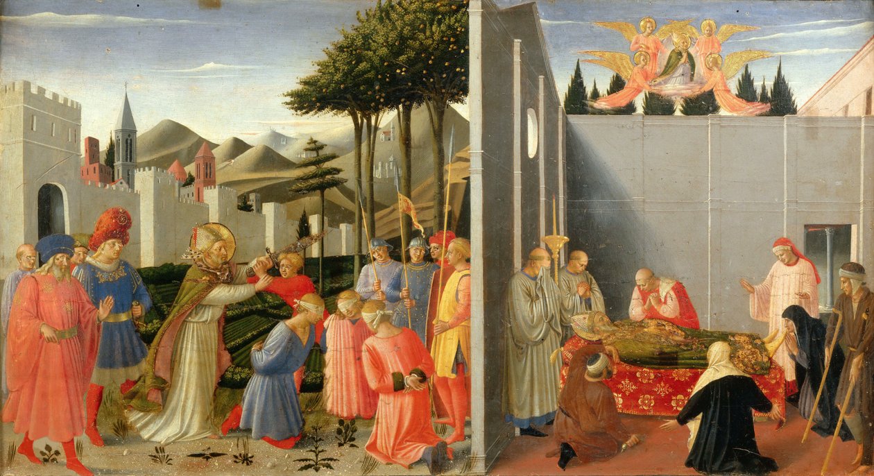القديس نيكولاس يحرر رجل بريء محكوم عليه حتى الموت من مذبح بيروجيا ، حوالي 1437. بواسطة Fra Giovanni Angelico da Fiesole