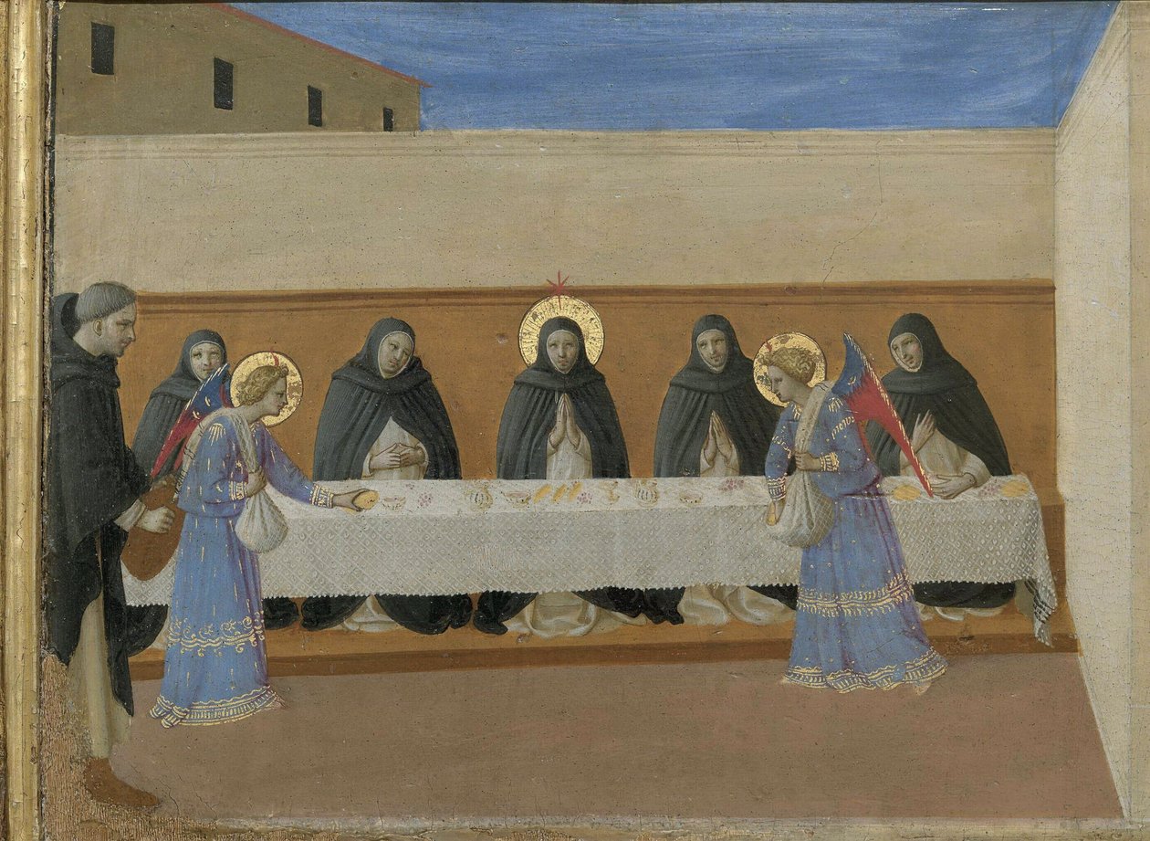 تقدم الملائكة العشاء للرهبان. تفاصيل Cortona Polyptych من بريدلا ، كاليفورنيا 1437. بواسطة Fra Giovanni Angelico da Fiesole