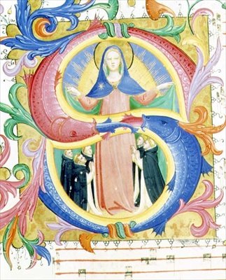 Missal 558 f.156v حرف `` S '' تاريخي مؤرخ يصور المتوسلين المأوى للعذراء تحت عباءتها ، حوالي 1429-1430 (ورق) بواسطة فرا وستروزي زانوبي دي بينيديتو أنجيليكو