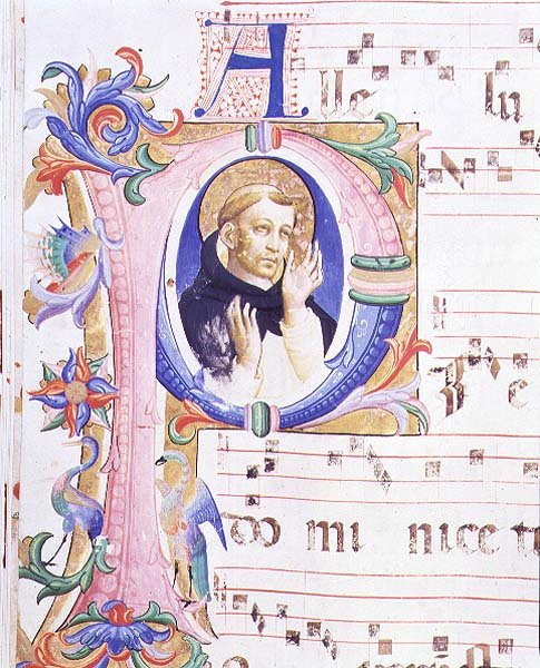 Missal 558 f.24v أول حرف مؤرخ 'P' يصور ذكرًا قديسًا بواسطة فرا وستروزي زانوبي دي بينيديتو أنجيليكو