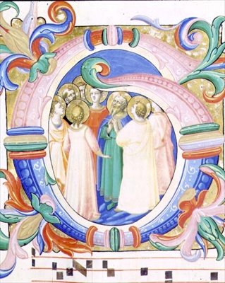 Missal 558 f.41v الحرف الأول التاريخي "G" الذي يصور عيد العنصرة بواسطة فرا وستروزي زانوبي دي بينيديتو أنجيليكو