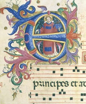 Missal 558 f.156v الحرف الأول التاريخي "E" الذي يصور القديس ستيفن بواسطة فرا وستروزي زانوبي دي بينيديتو أنجيليكو