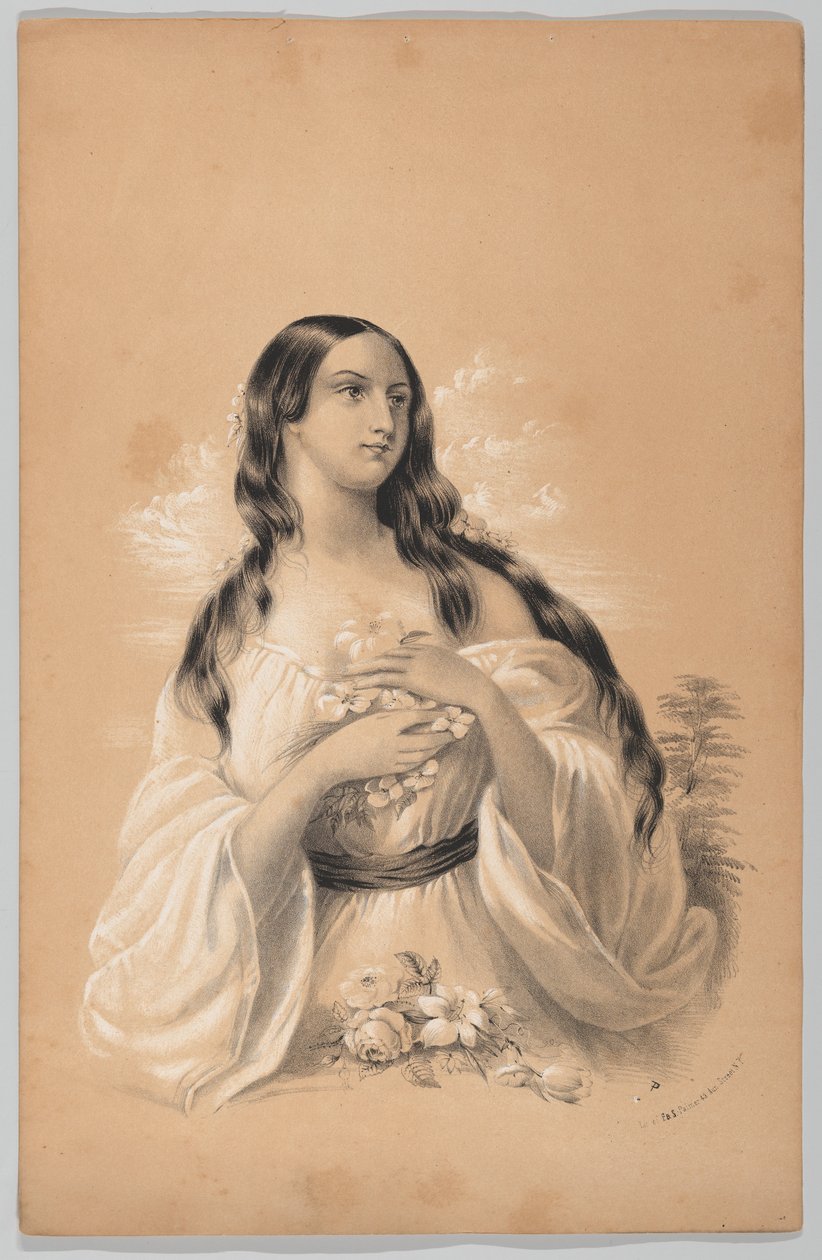 امرأة تحمل زهورًا ، في كتاب رسم بنيويورك ، يحتوي على سلسلة من التصميمات الأصلية ، 1847. بواسطة فرانسيس فلورا بوند بالمر