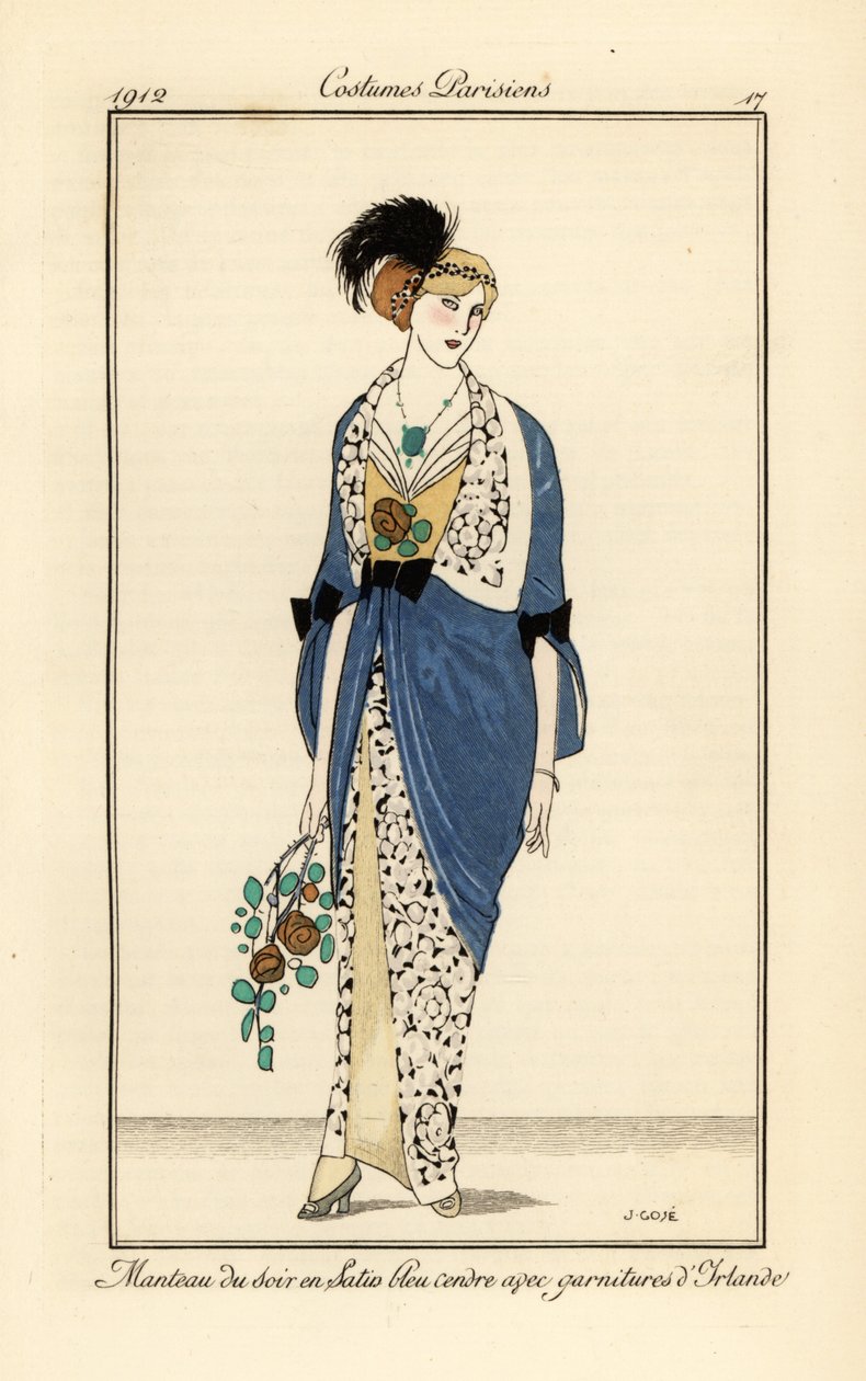 Woman in evening gown of ash blue satin with Irish lace. Manteau du soir en satin bleu cendre avec garnitures d’Irlande. Handcoloured pochoir (stencil) etching after an illustration by Xavier Gose from Tommaso Antongini’s Journal des Dames et des Modes, Au بواسطة فرانسيسك كزافييه جوزيه
