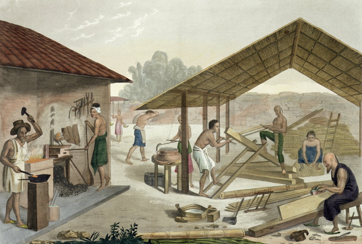 ورشة النجارة في كوبانغ ، تيمور ، اللوحة 6 من Le Costume Ancien et Modern by Jules Ferrario ، تم نشرها في 1820s-30s بواسطة فرانشيسكو سيتيريو