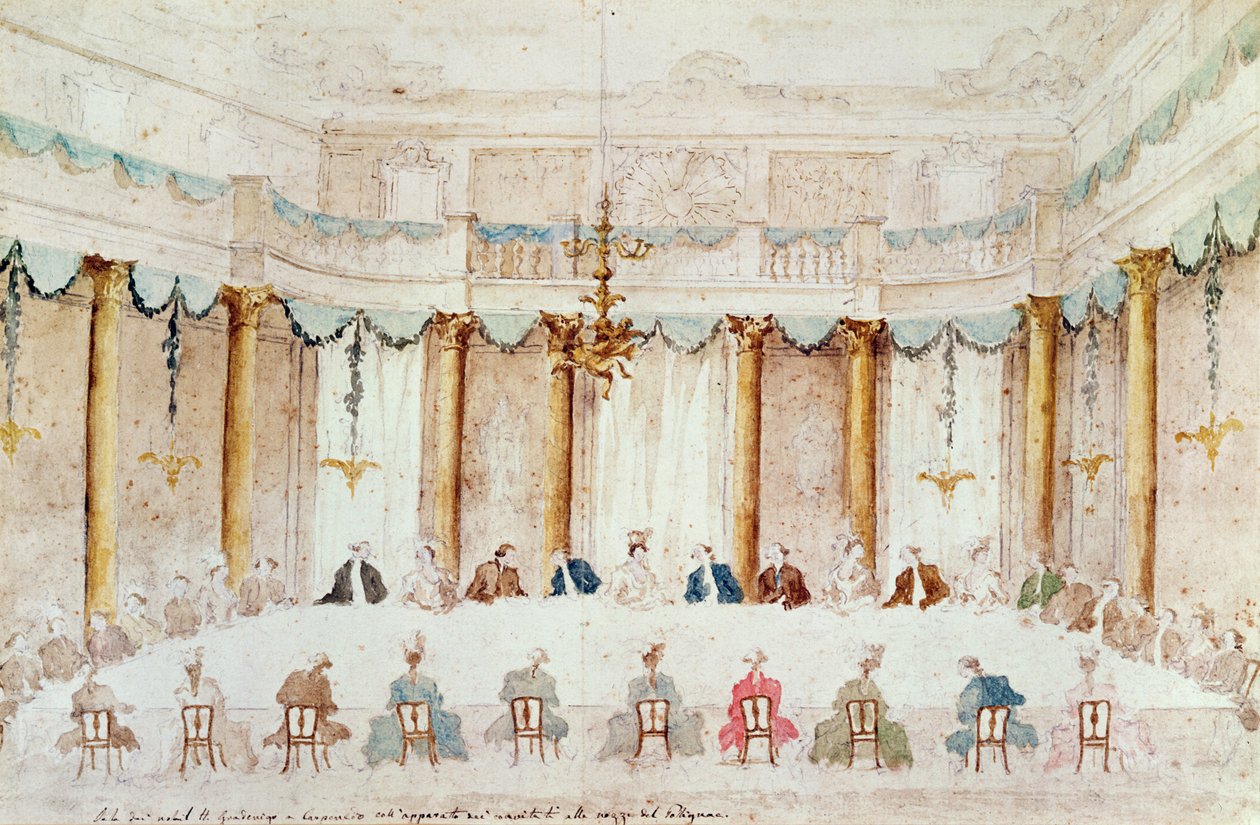 عشاء احتفالي للاحتفال بزواج أرماند (1771-1847) دوق بوليجناك إلى البارونة إداليا نيوكيرشن في فيلا جرادينيجو ، كاربيندو ، 1790 (مرحاض فوق الجرافيت بقلم وحبر على بيب بواسطة فرانشيسكو غواردي