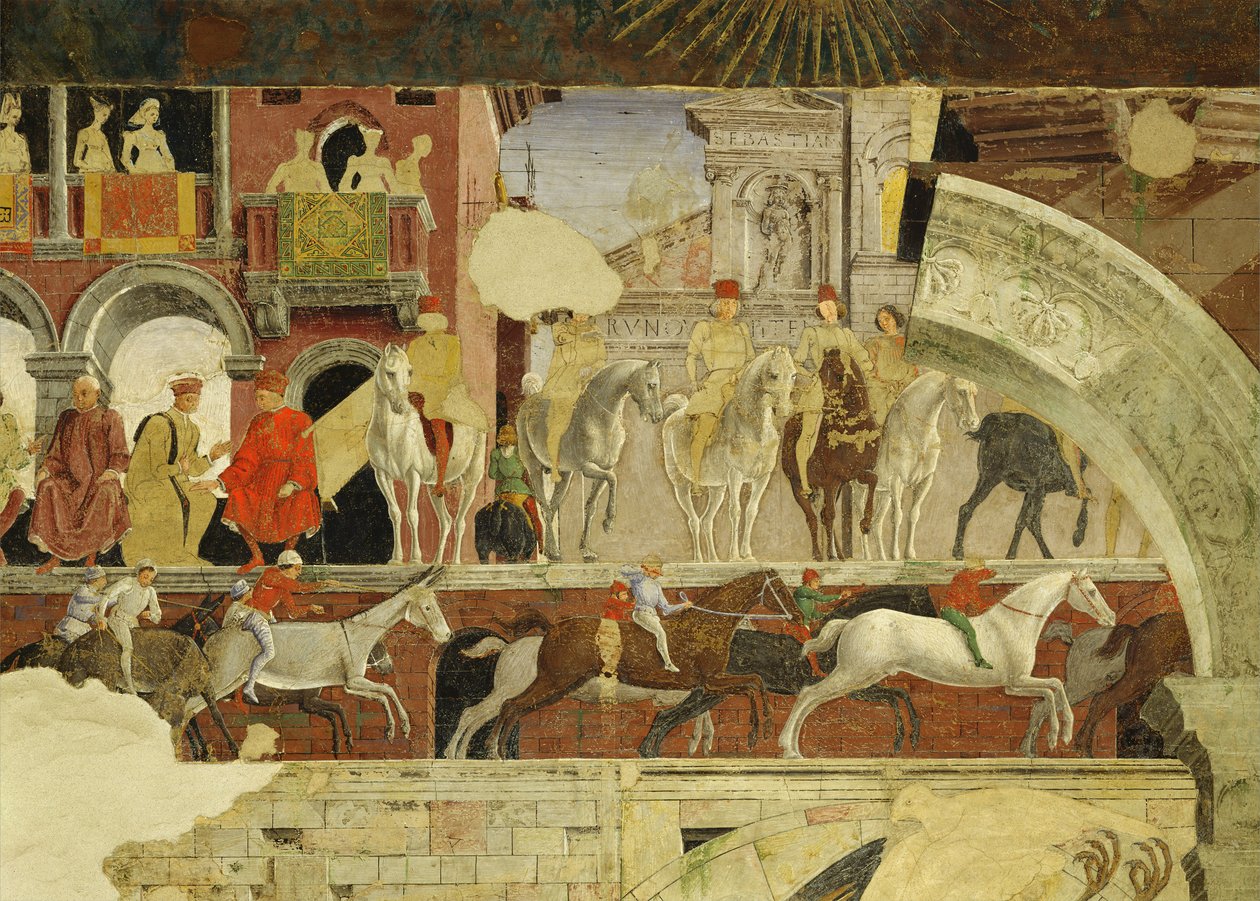 رمزية أبريل: عرض في ساحة Borso dEste ، تفاصيل الخيول والحمير الجري ، 1469-70 ، فريسكو بواسطة فرانشيسكو ديل كوسا