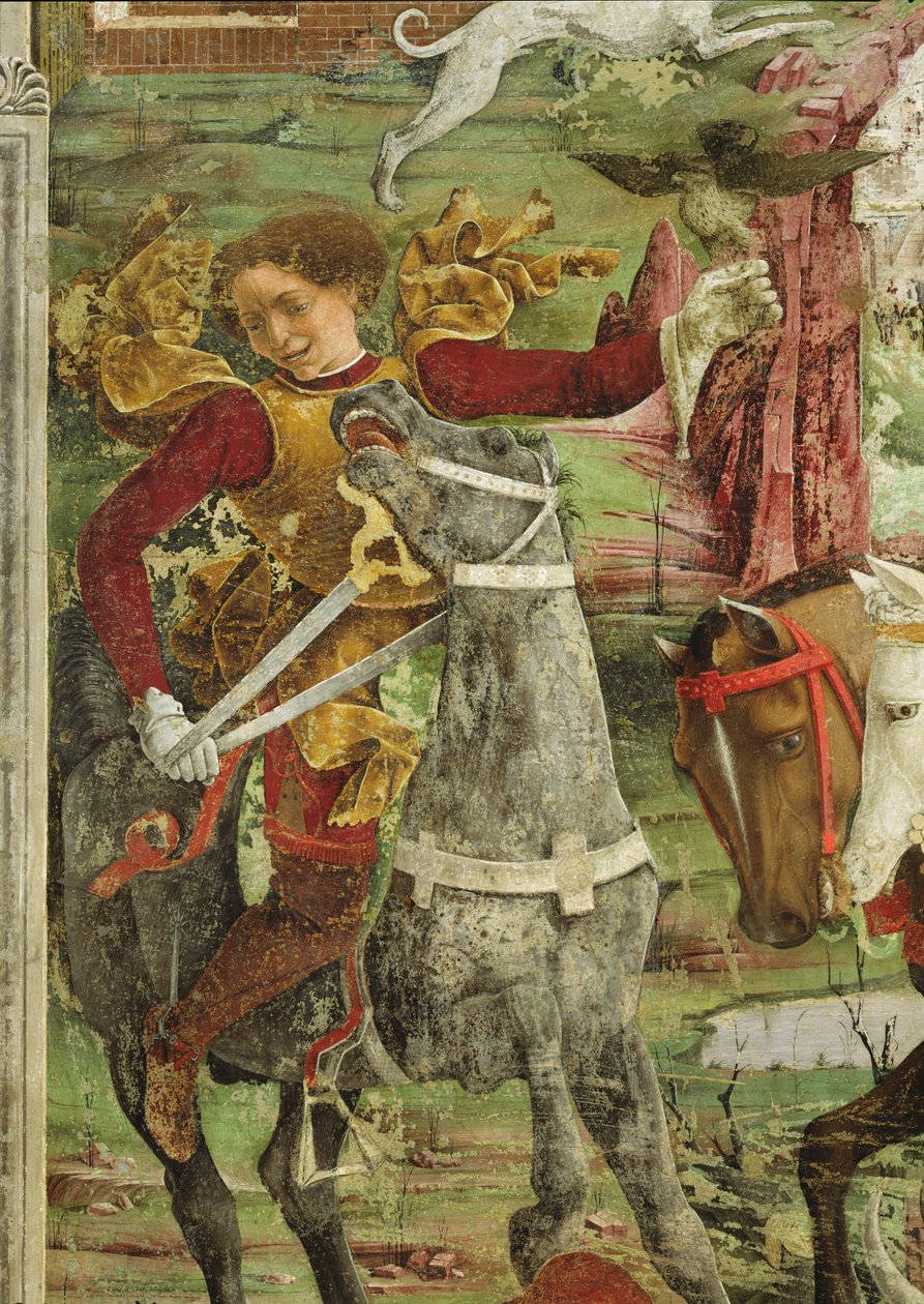 رمزية مارس: بورسو ديستي ، أمير فيراري يغادر للصيد ، التفاصيل مع الصقر ، 1469-1470 ، بواسطة فرانشيسكو ديل كوسا