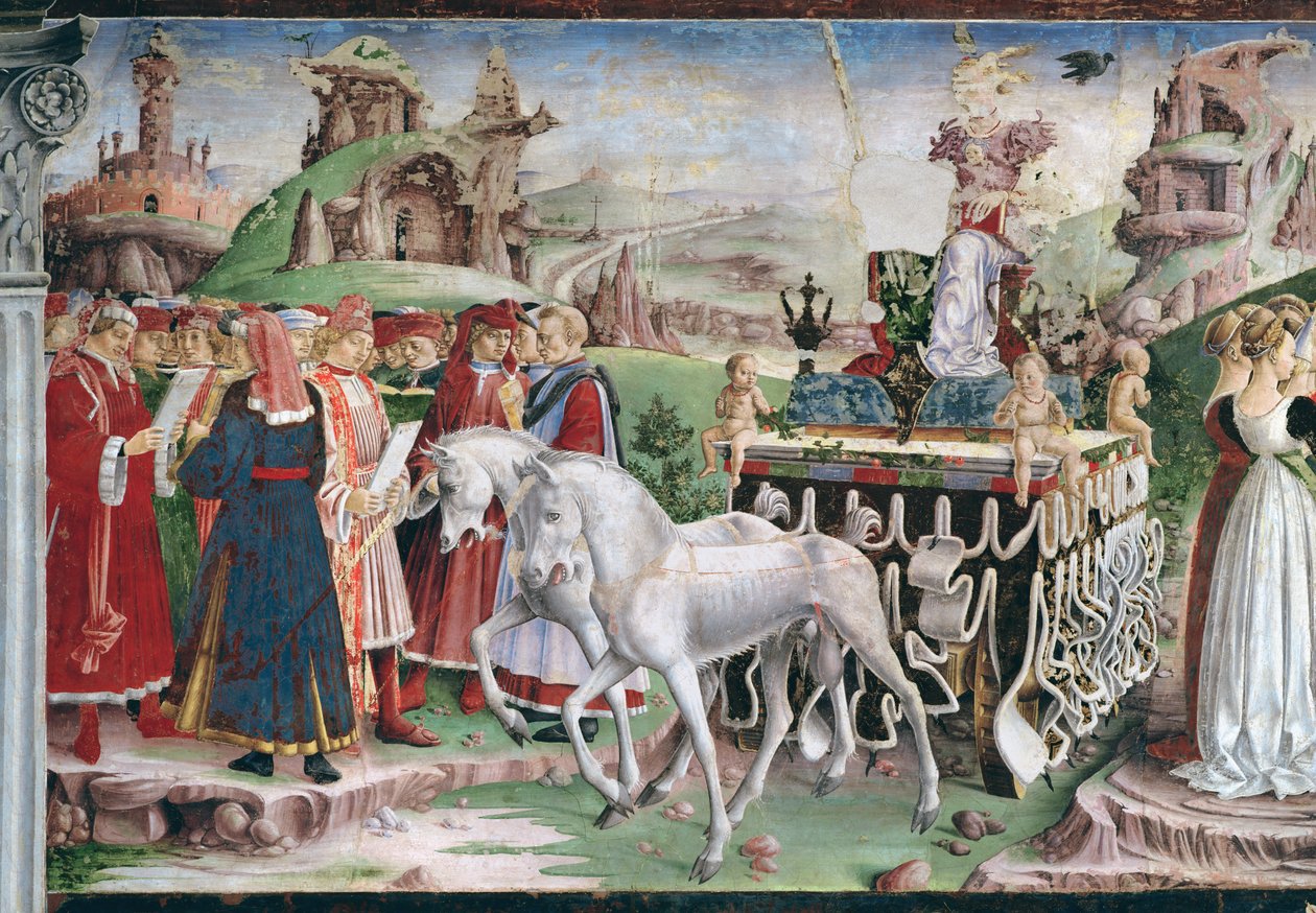 انتصار منيرفا: آذار - مارس ، من غرفة الشهور ، تفاصيل عربة ومجموعة من المخلصين ، c.1467-70 بواسطة فرانشيسكو ديل كوسا