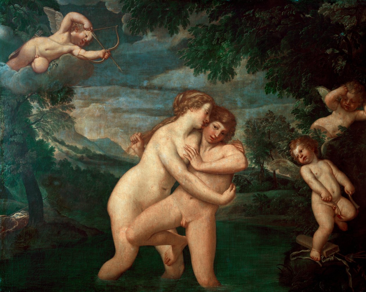 Salmacis في الحمام صده Hermaphrodite الحورية Salmacis ، إبداعات ابن هيرميس وأفروديت ، يرى إنجازاته تتنافر - لوحة لفرانشيسكو ألباني ديت l