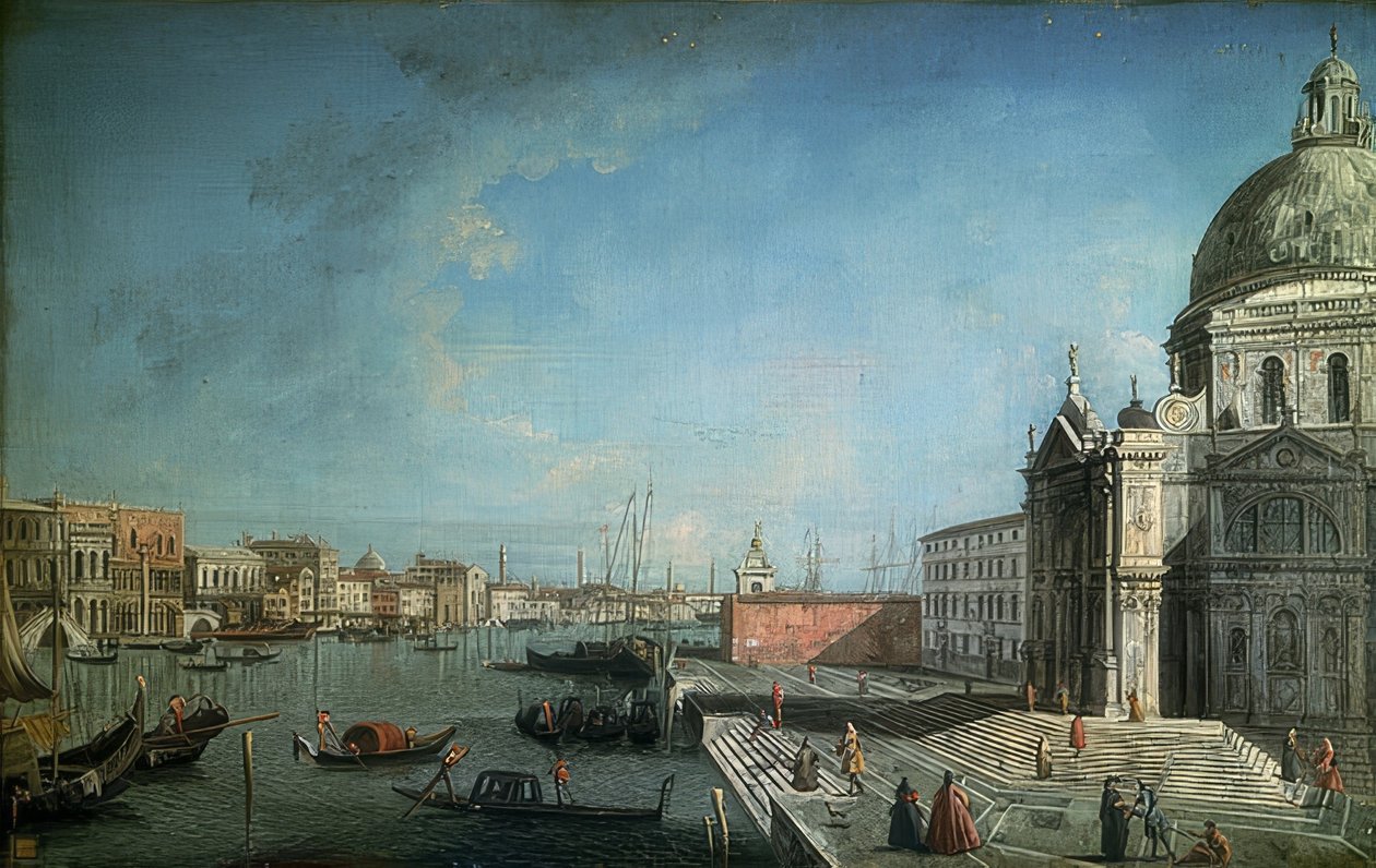 منظر للقناة الكبرى من Ponte degli Scalzi. تقريبا. 1735-1740. على اليمين كنيسة سانتا ماريا دي الناصرة (Scalzi) بواسطة فرانشيسكو ألبوتو