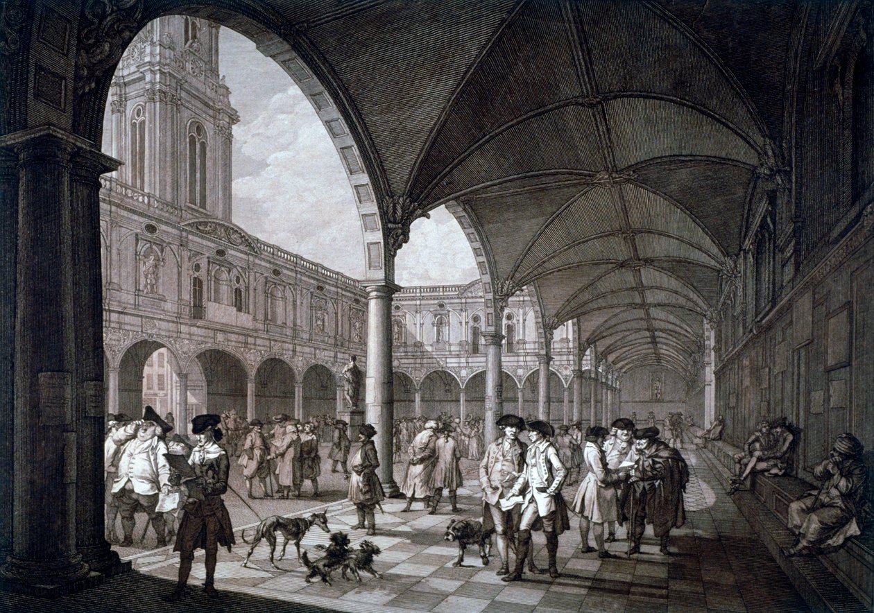 منظر للفناء في Royal Exchange مع التجار والوسطاء ، مدينة لندن ، 1788 بواسطة فرانشيسكو بارتولوزي