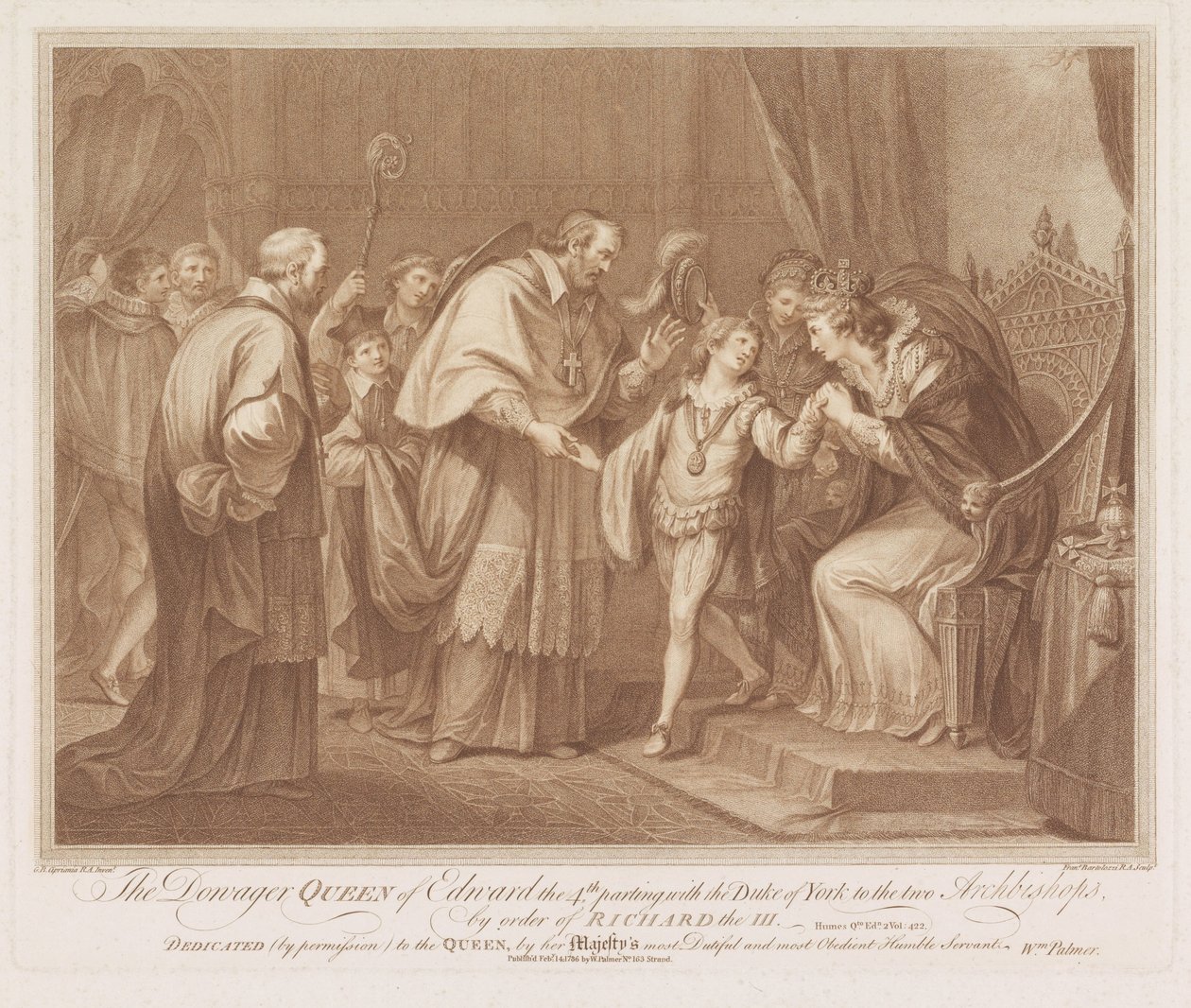 Weduwe van Edward IV staat haar zoon aan twee aartsbisschoppen af فراق الملكة الأرملة لإدوارد الرابع مع دوق يورك إلى رئيس الأساقفة ، بأمر من ريتشارد الثالث (العنوان على الكائن) بواسطة فرانشيسكو بارتولوزي