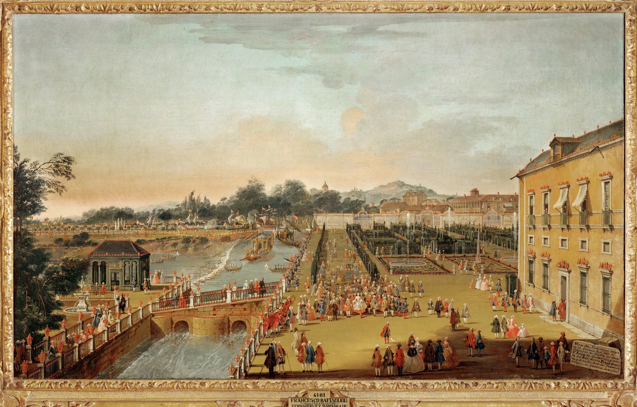 الملك فرديناند السادس ملك إسبانيا والملكة باربرا براغانزا وضيوفهما في حدائق قصر أرانخيز (لوحة على قماش) بواسطة فرانشيسكو باتاجليولي