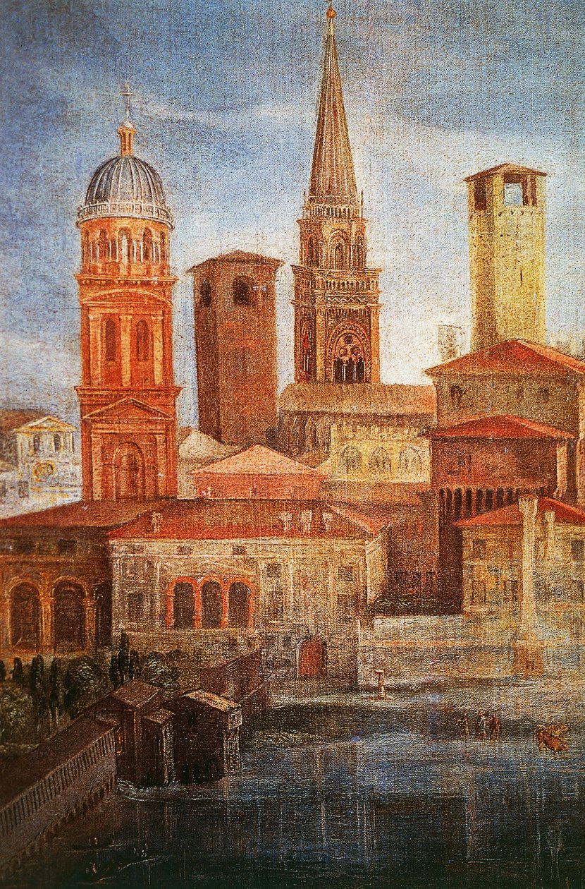View of Mantua, Detail of St Francis prays to Virgin Mary to end epidemic, Ca 1618 by Francesco Borgani (1557-1624), 322x197 cm, Oil on canvas بواسطة فرانشيسكو بورجاني