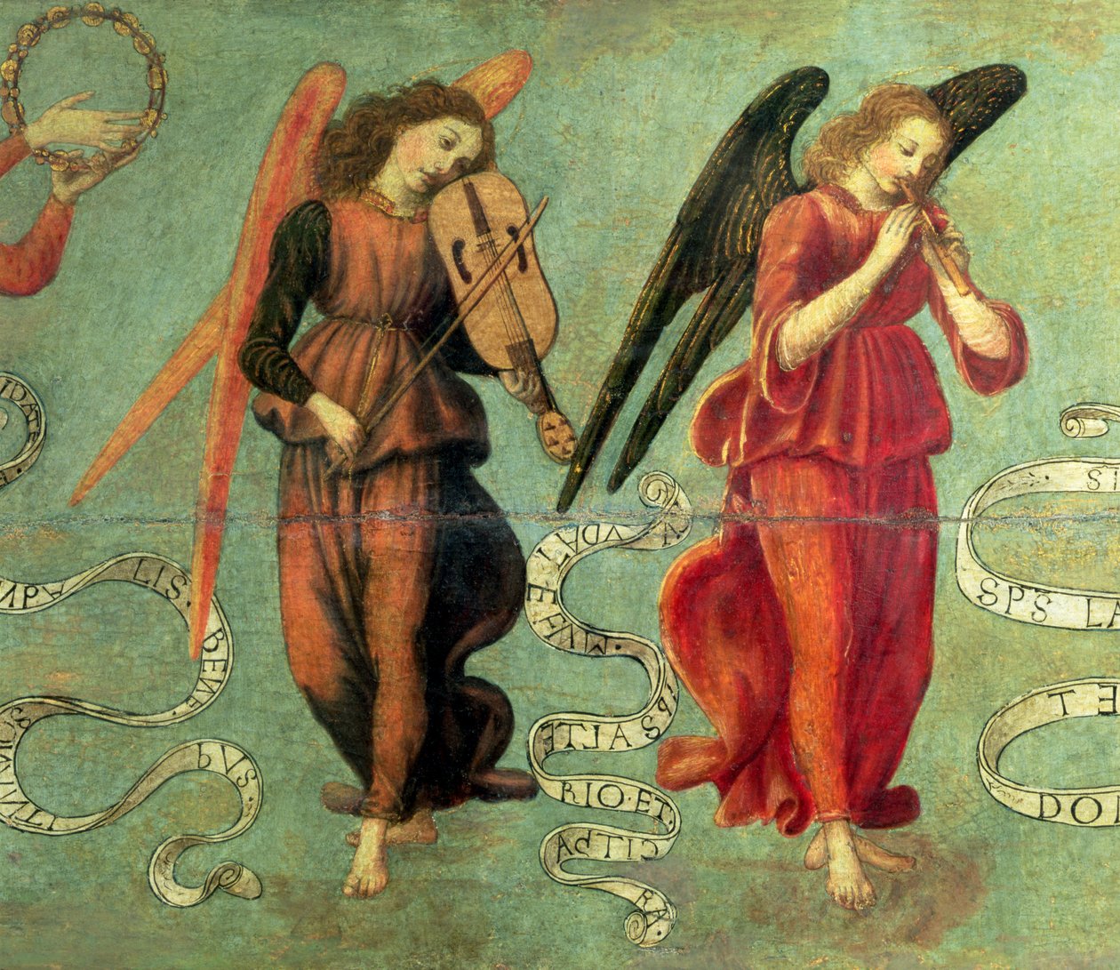 الملائكة يلعبون الكمان والأنابيب ، c.1475-97 درجة الحرارة على تفاصيل لوحة 64871 ، انظر أيضًا 64872 و 64873 بواسطة فرانشيسكو بوتيتشيني