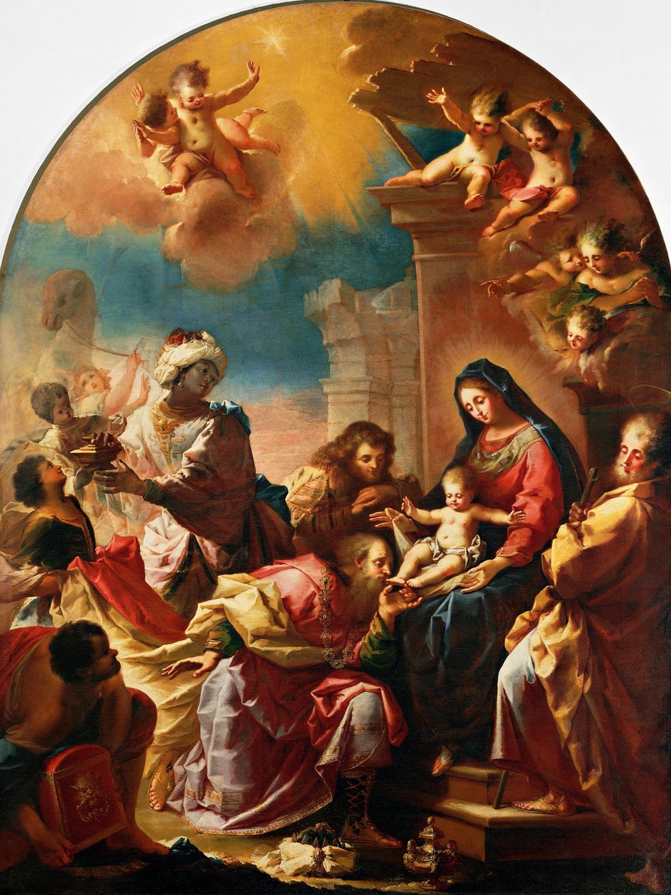 عبادة المجوس، رسم فرانشيسكو كونتي (1681-1760)، كنيسة القديسة مريم العذراء في مونتيدوميني، فلورنسا، توسكانا، إيطاليا بواسطة فرانشيسكو كونتي
