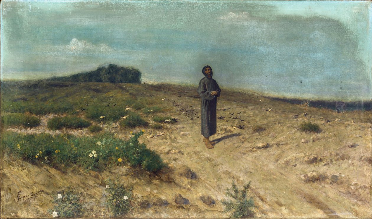 القديس فرنسيس يعظ الطيور مثل كوبولا كاستالدو ، فرانشيسكو (1845-1916). زيت على قماش بواسطة فرانشيسكو كوبولا كاستالدو