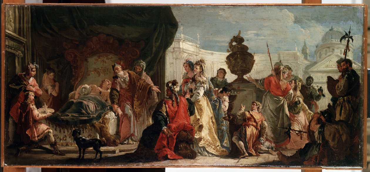"أنطيوخس وستراتونيسي" (أنطيوخس وستراتونيسي). Antiochus (أو Antiochos) ، ابن الملك Seleucus (أو Seleucus) I Nicator يعالج من قبل الطبيب Erasistratus of Ceos من مرض بسبب حبه لـ Stratonice (أو Stratonike) ، زوجة والده ، r بواسطة فرانشيسكو فونتيباسو