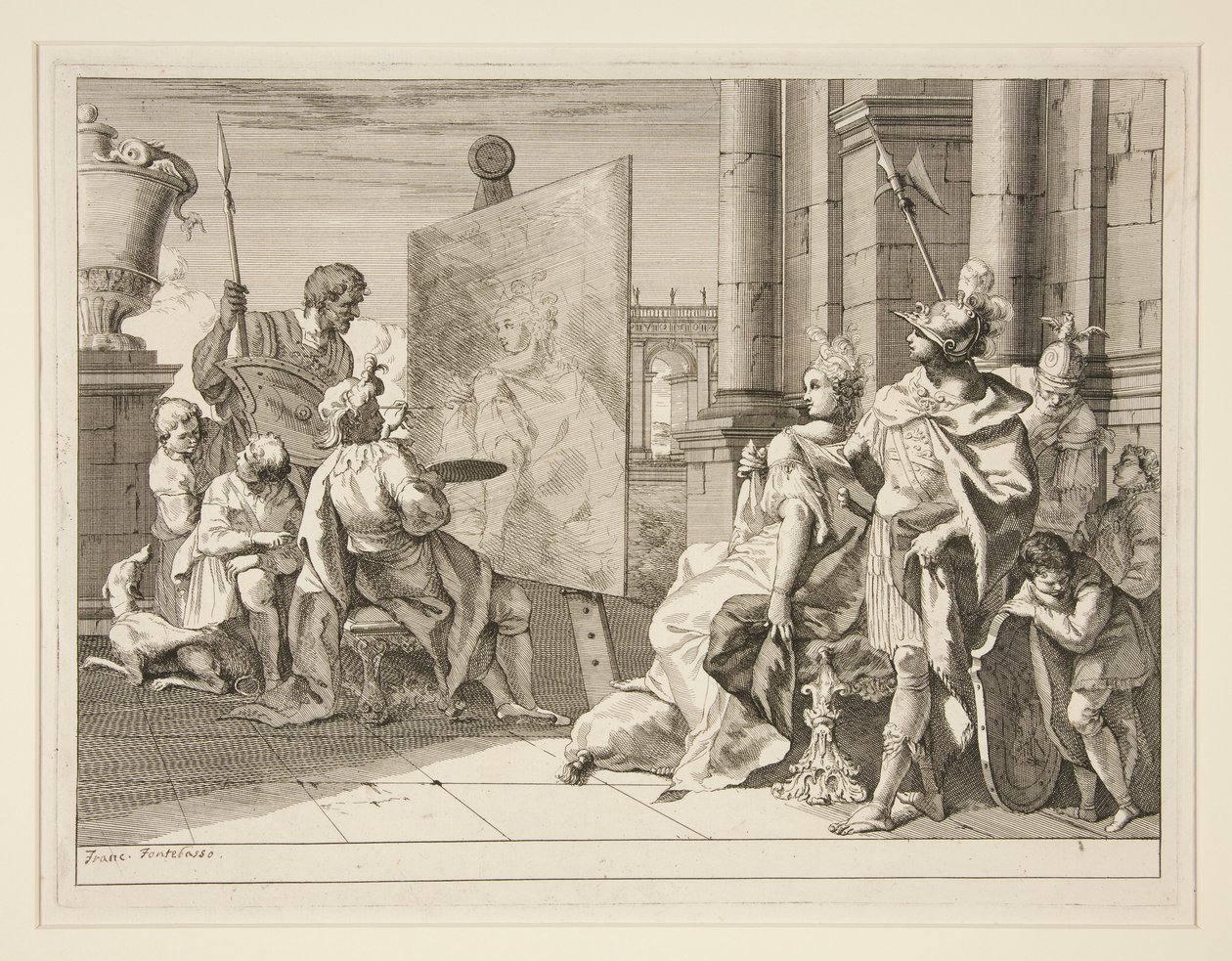 رسم Apelles كامباسبي ، عشيقة الإسكندر الأكبر ، واحدة من سلسلة من ثماني مطبوعات (Varii Baccanali et istorie بواسطة فرانشيسكو فونتيباسو