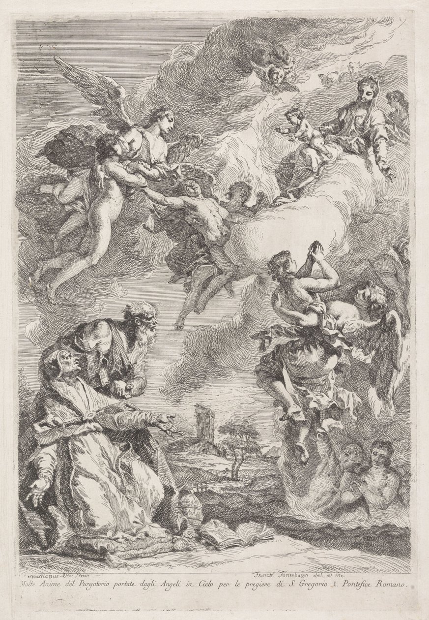 يصلي القديس غريغوريوس الكبير والقديس جيروم من أجل النفوس في المطهر Molte Anime del Purgatorio portate dagli Angeli in Cielo per le pregiere di S. Gregorio I. Pontefice Romano (العنوان على الكائن) بواسطة فرانشيسكو فونتيباسو