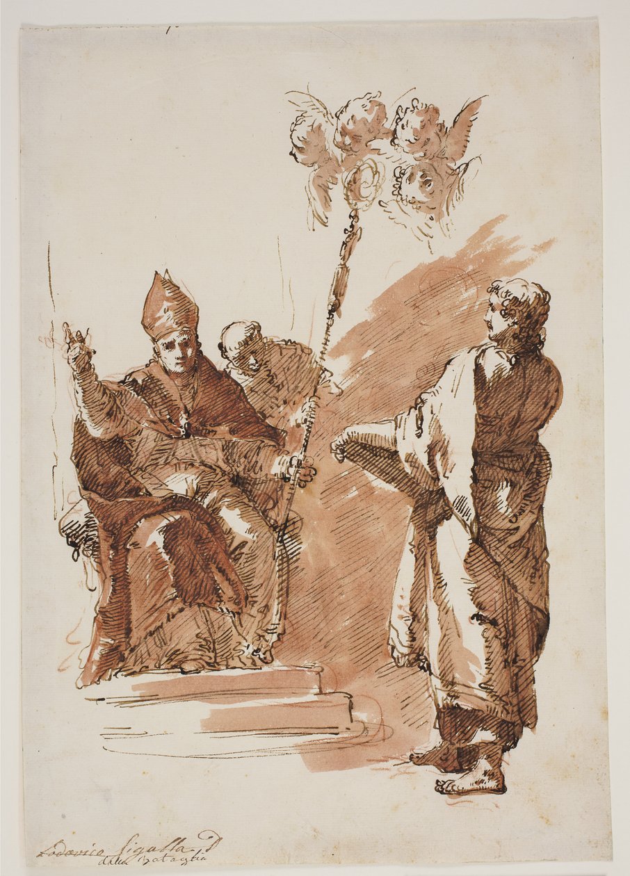 القديس لويس جالسًا مع القديس يوحنا الإنجيلي يقف بجانبه. دراسة لمذبح في Chiesa dell'Angelo Raffaele ، البندقية بواسطة فرانشيسكو فونتيباسو