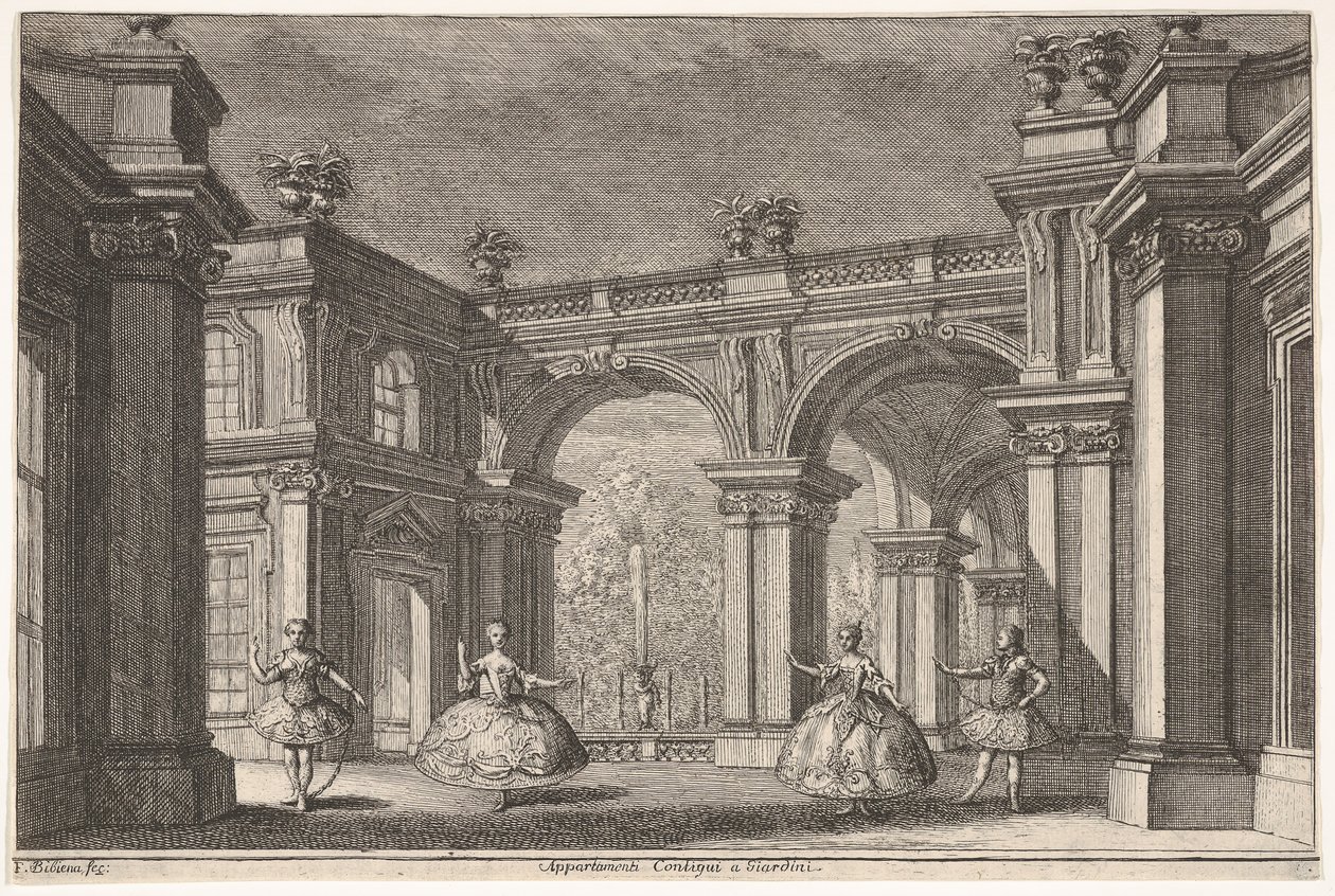 سيدتان ورجلين يرقصان في محيط معماري مزخرف ، نافورة في ... ، 1765. بواسطة فرانشيسكو جالي بيبينا