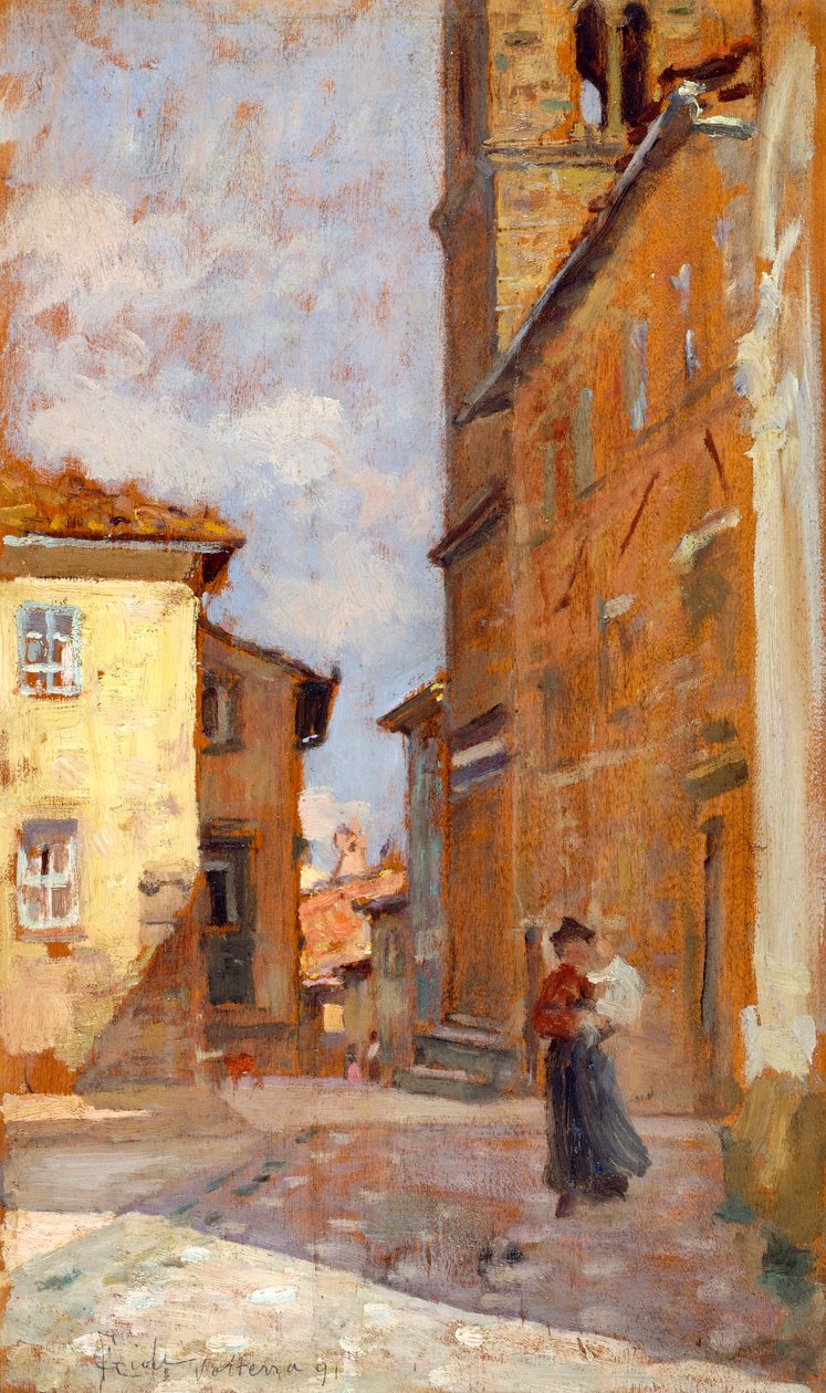 في الشارع في فولتيرا بواسطة فرانشيسكو جيولي (1846-1922) ، زيت على لوح ، 38x23 سم بواسطة فرانشيسكو جيولي