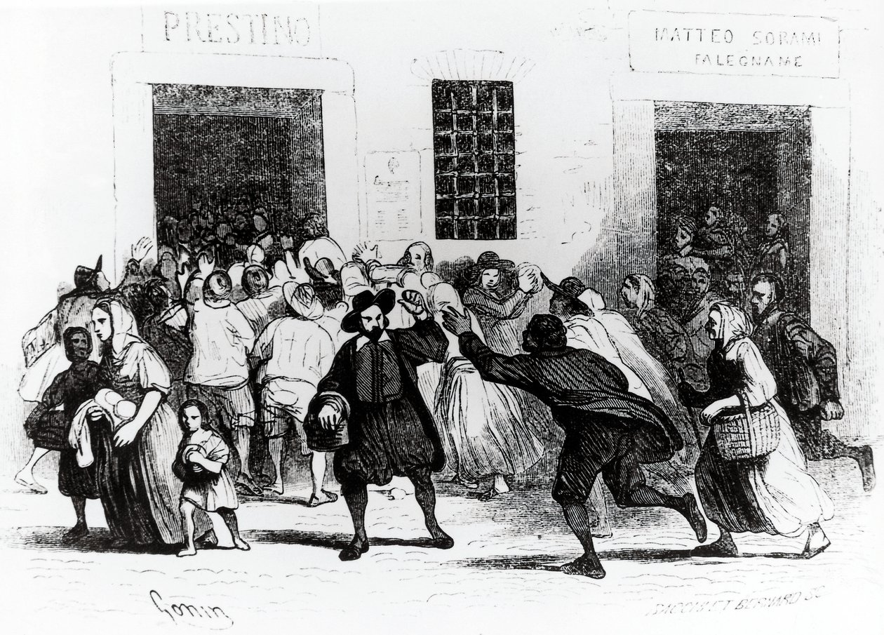 نهب عكازات المخابز ، حلقة من Betrothed ، بواسطة أليساندرو مانزوني (1785-1873) ، رسم توضيحي بقلم فرانشيسكو غونين (1808-1889) طبعة 1840 بواسطة فرانشيسكو جونين