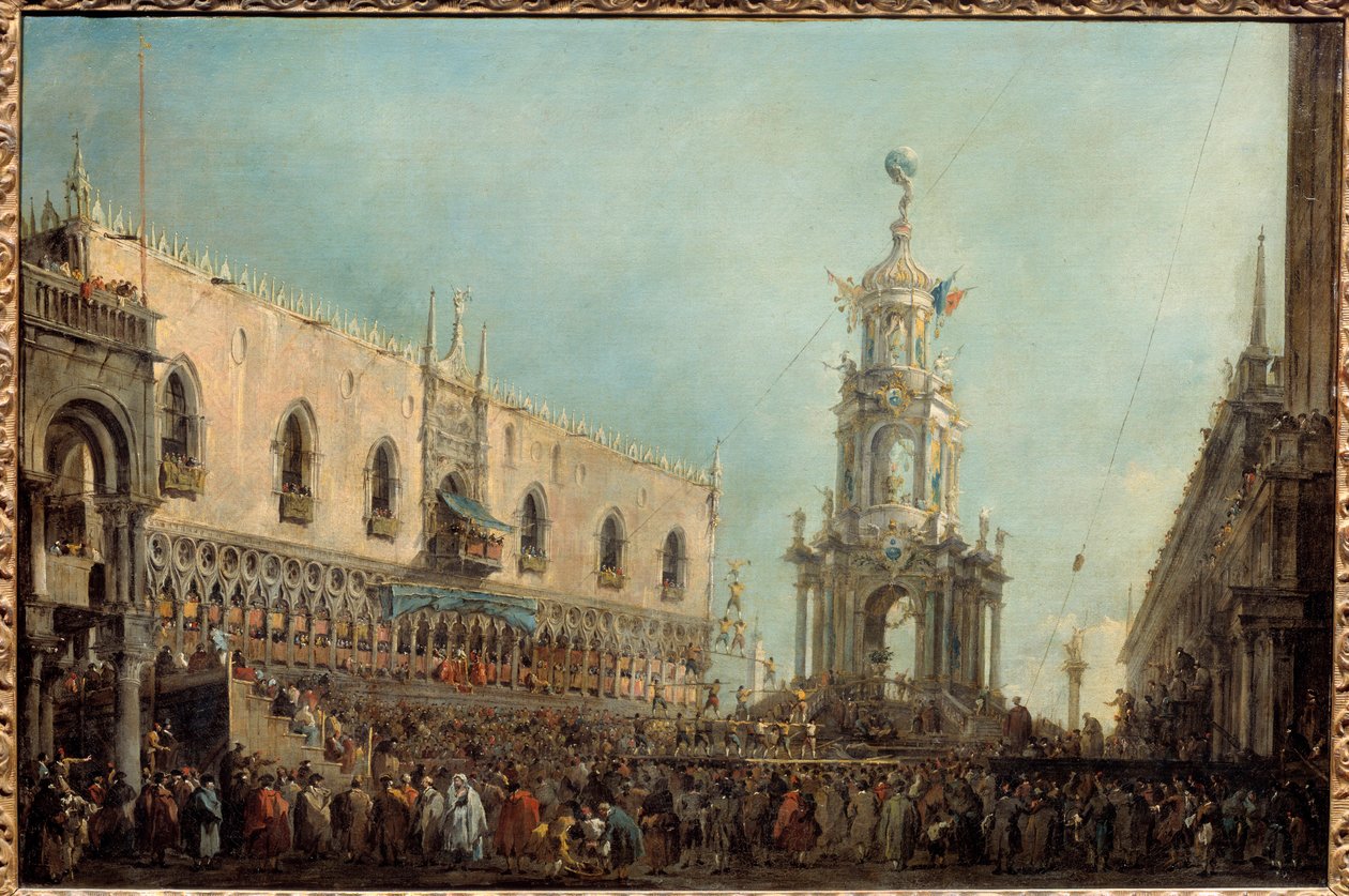 يحضر Doge of Venice احتفالات Gras يوم الخميس في Piazzetta di San Marco. ويحضر Alvise IV Mocenigo (1701-1778) عروضًا بهلوانية من شرفة قصر Doge. رسم فرانشيسكو غواردي (1712-1793) 1766-1770 صن. 0،67x1 م بواسطة فرانشيسكو غواردي