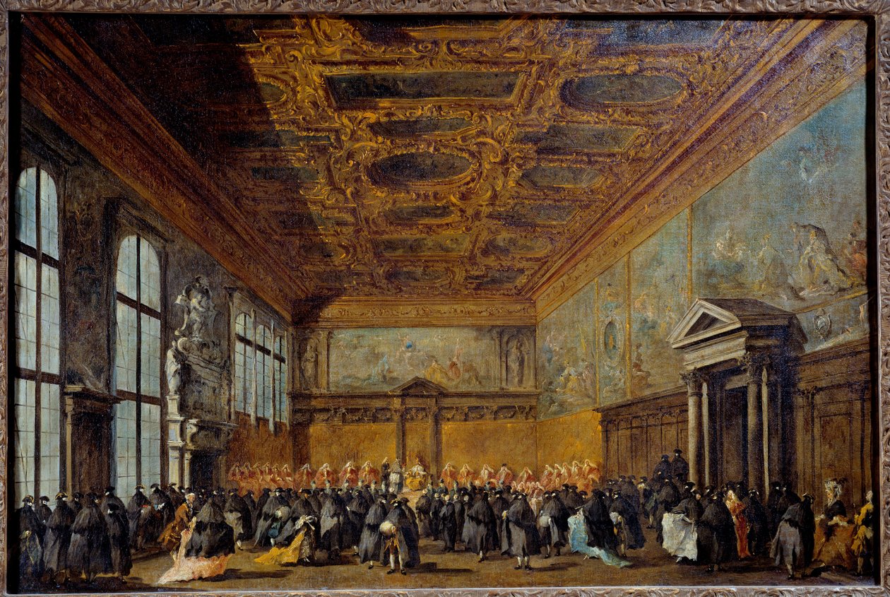 The audience granted by the Doge of Venice (probably Alvise IV Mocinego (1701-1778)) in the College Hall at the Ducal Palace of Venice Painting by Francesco Guardi (1712-1793) 1766-1770 Sun. 0,67 x 1,01 m بواسطة فرانشيسكو غواردي