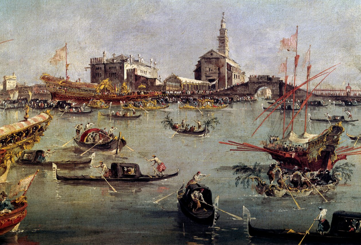 The Doge on the Bucentaurus (Bucentoro) in San Nicolo from Lido to Venice، Ascension Day لوحة لفرانشيسكو غواردي (1712-1793) القرن الثامن عشر ، باريس ، متحف اللوفر. بواسطة فرانشيسكو غواردي