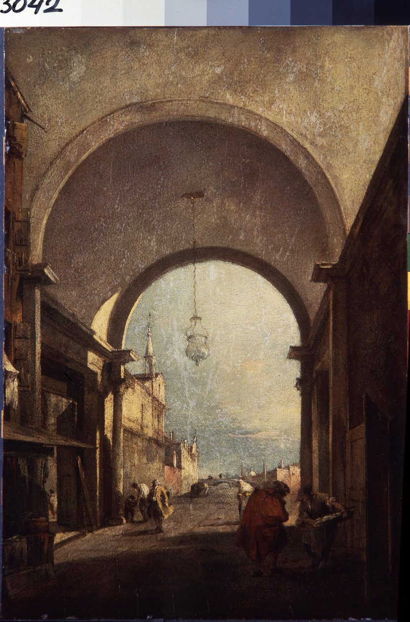 منظر لمدينة البندقية (إطلالة على المدينة). لوحة لفرانشيسكو غواردي (1712-1793) ، حوالي 1770. زيت على خشب. أسلوب الروكوكو فن البندقية. متحف هيرميتاج سانت بطرسبرغ. بواسطة فرانشيسكو غواردي