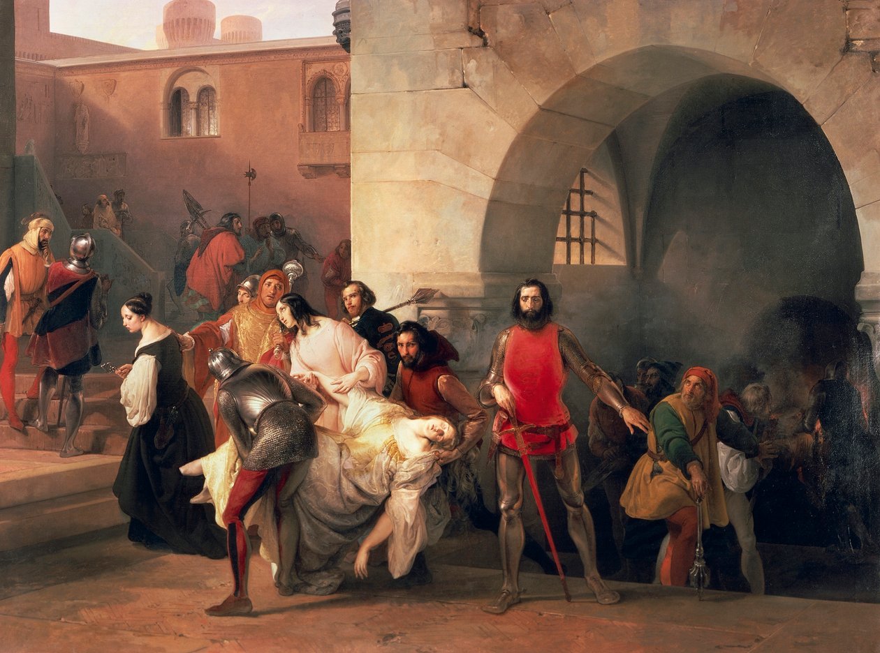 عثر ماركو فيسكونتي على قفزة بيس في قبو قلعة روزيت ، بقلم فرانشيسكو هايز (1791-1882) ، زيت على قماش بواسطة فرانشيسكو هايز