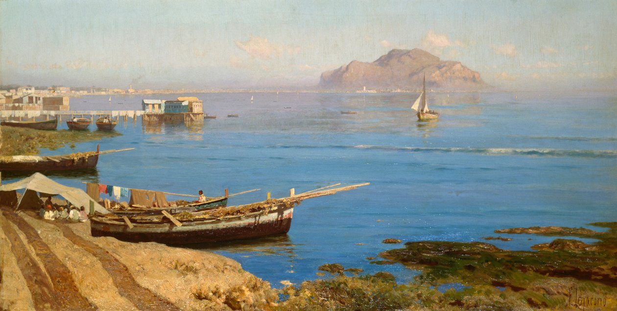 مارينا مع القارب والصيادين ، بقلم فرانشيسكو لوجاكونو (1838-1915) ، زيت على قماش ، 61x118 سم بواسطة فرانشيسكو لوجاكونو