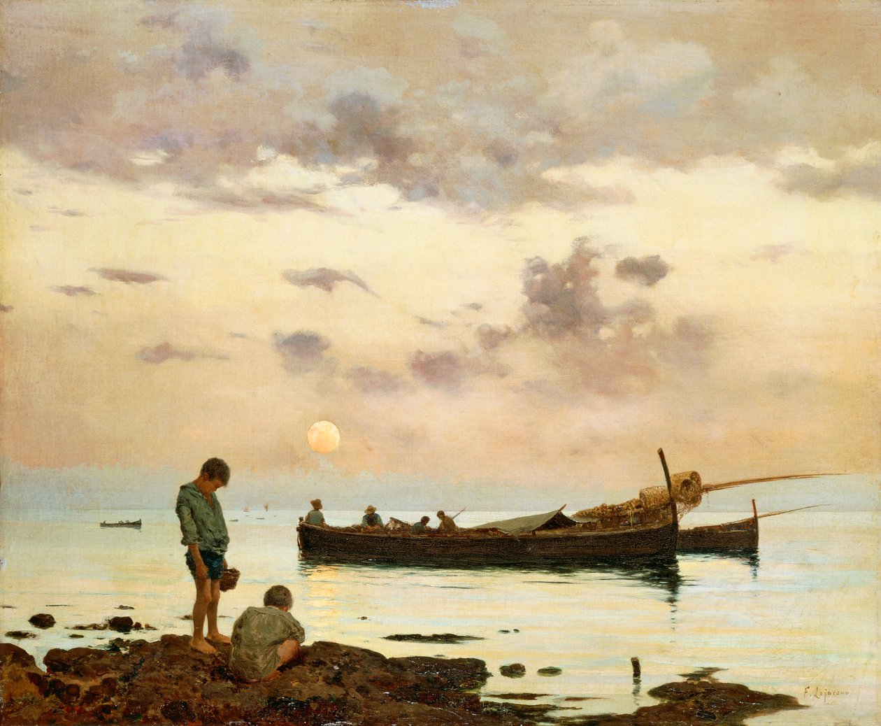 مارينا مع قارب صيد وأولاد ، بقلم فرانشيسكو لوجاكونو (1838-1915) ، زيت على قماش ، 64x77 سم بواسطة فرانشيسكو لوجاكونو