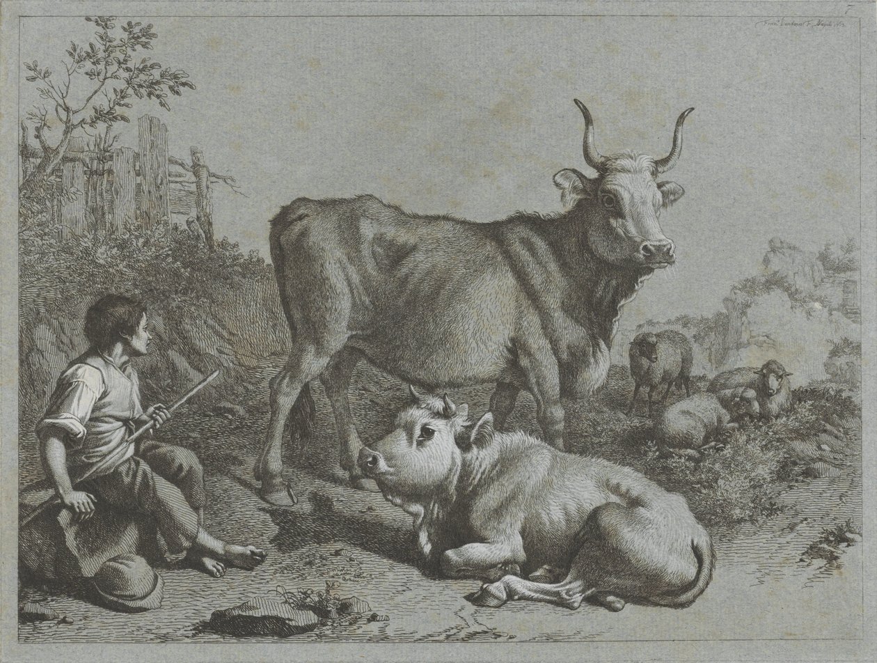 راعي الغنم مع اثنين من الماشية وثلاثة من الغنم مشاهد الراعي (عنوان المسلسل) بواسطة فرانشيسكو لندنيو