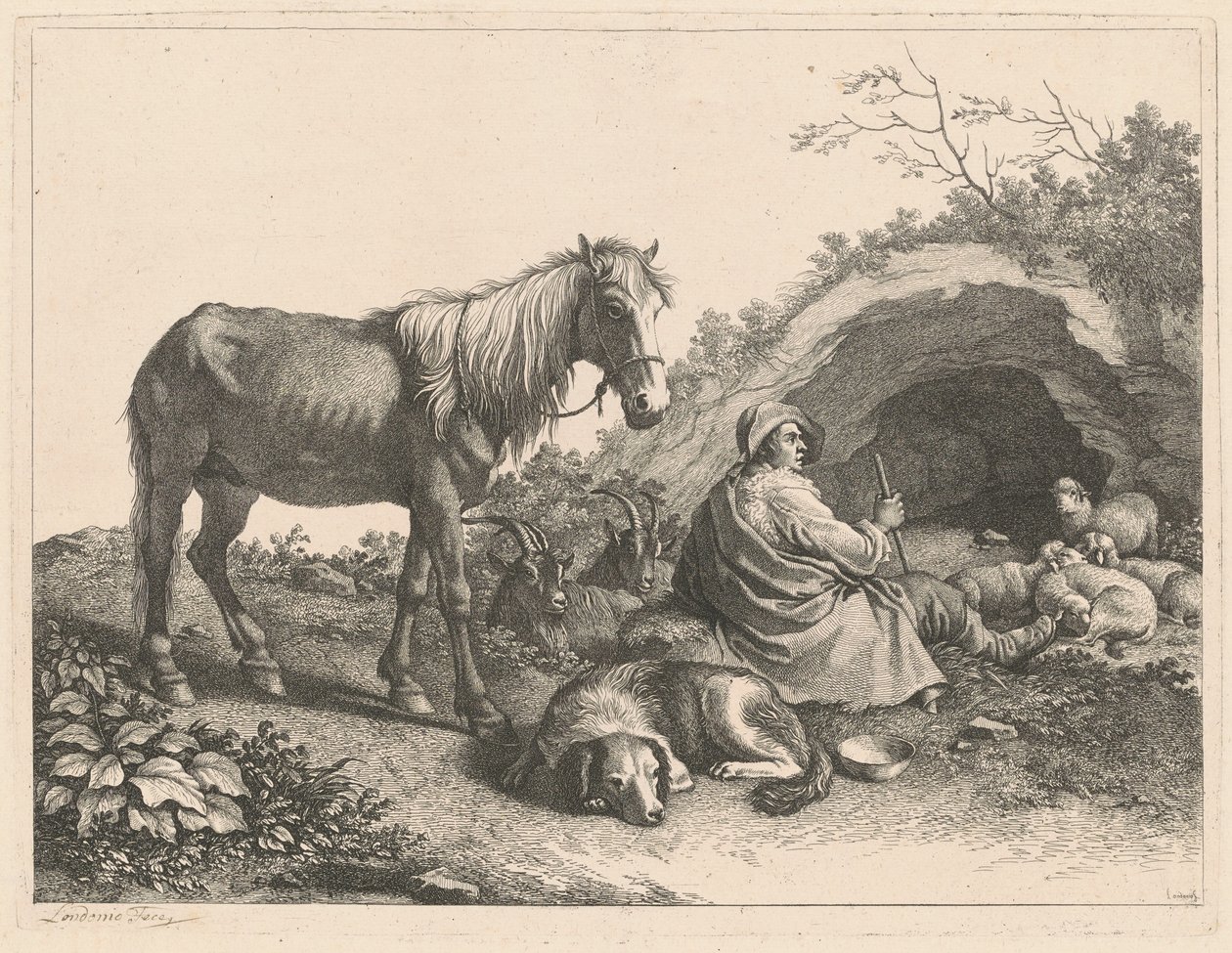 الراعي الجالس مع الحصان والكلب والماعز والأغنام بعد عام 1776. بواسطة فرانشيسكو لندنيو