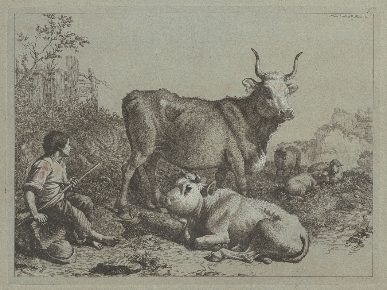 راعي جالس مع ثور وثور 1763. بواسطة فرانشيسكو لندنيو