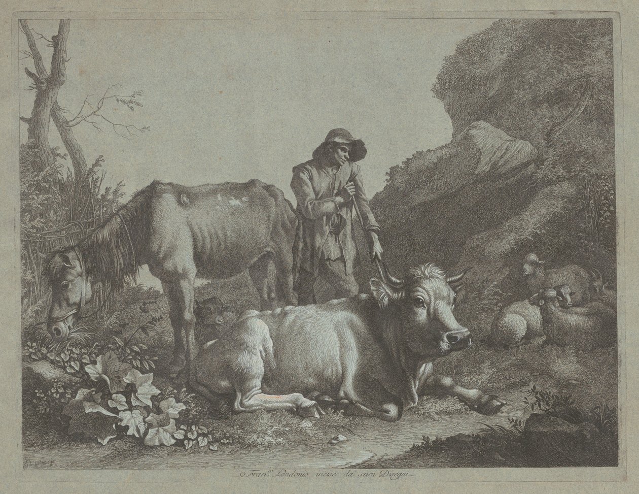 الراعي يستريح على عصا المشي مع حصان قديم وثور مستلقي ، بعد عام 1767. بواسطة فرانشيسكو لندنيو