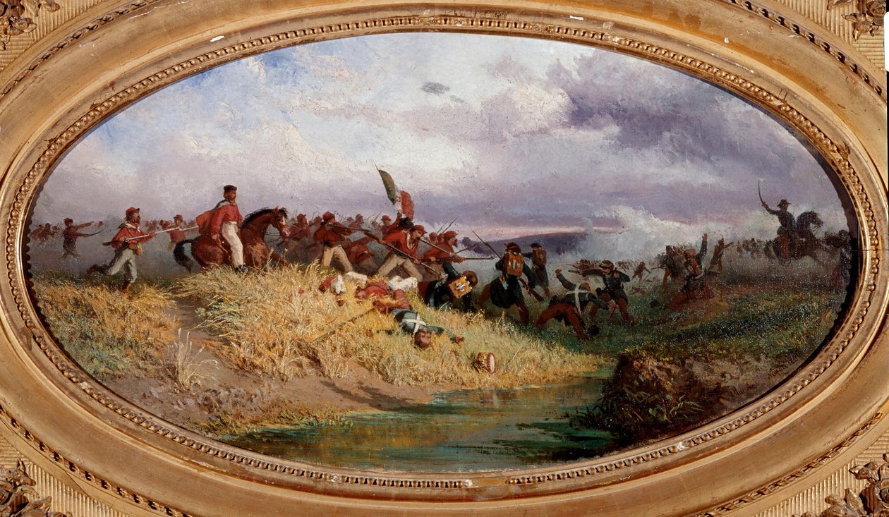 Risorgimento: “” The Italian patriot Giuseppe Garibaldi passes the Volturno River”” Scene of the Battle of Volturno during the expedition of the Thousand (or Red Shirts) in October 1860. Painting by Francesco Mancini (1830-1905) Naples, Museo Nazionale di  بواسطة فرانشيسكو مانشيني