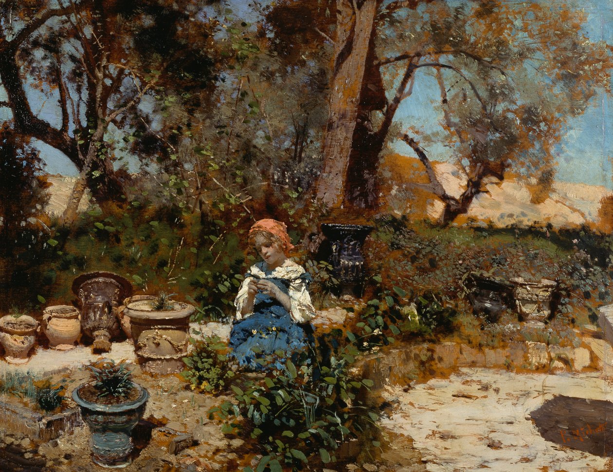فتاة في الحديقة ، بقلم فرانشيسكو باولو ميشيتي (1851-1929) ، زيت على لوح ، 27x36 سم بواسطة فرانشيسكو باولو ميشتي