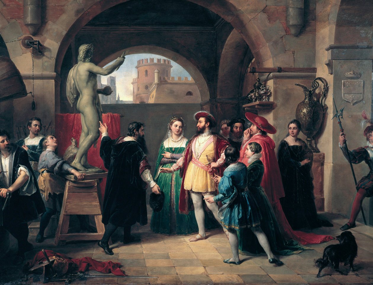 ملك فرنسا فرانسوا الأول (1494-1547) يزور استوديو Buenvenuto Cellini (1500-1571) في روما. يقدم الرسام للملك تمثالاً من لوحة القديس يوحنا الإنجيلي المجهول. روما ، Galleria Nazionale d'Arte Moderna (روما ، المتحف الوطني لـ a بواسطة فرانشيسكو بوديستي