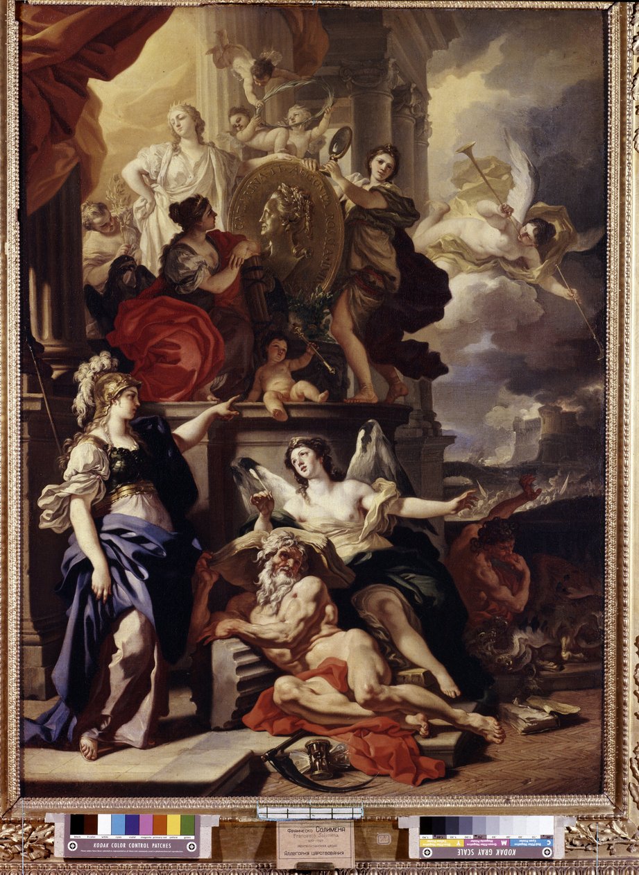 رمزية من الحكم. تمثل الميدالية الموجودة في الوسط وجه الملكة كاثرين الثانية ملكة روسيا (1729-1796). لوحة لفرانشيسكو سوليمينا (1657-1747). زيت على قماش بواسطة فرانشيسكو سوليمينا