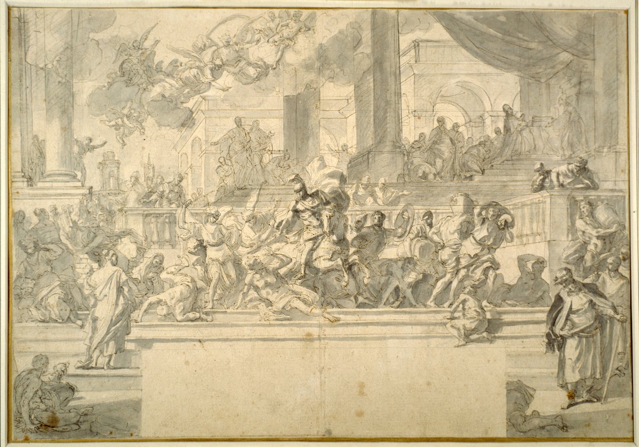 Heliodorus driven from the Temple (pen & ink with wash over chalk on paper) بواسطة فرانشيسكو سوليمينا