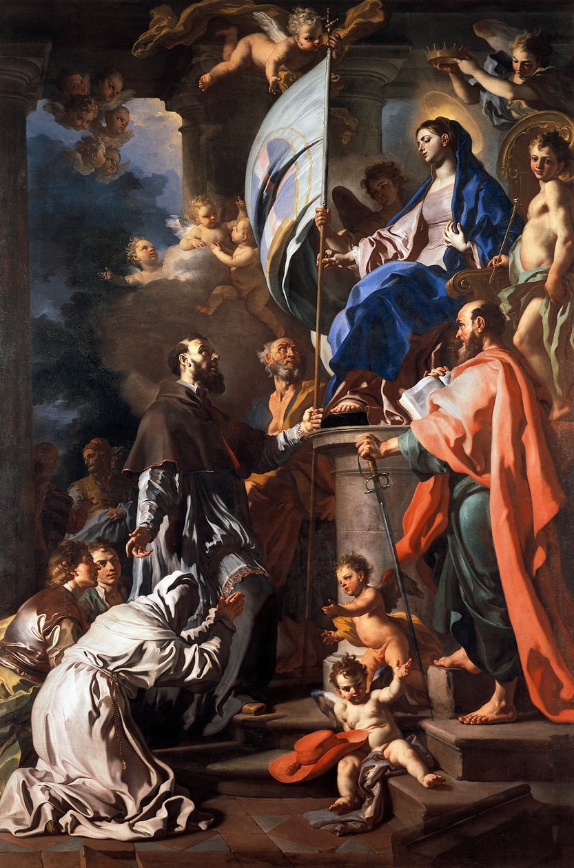 St Bonaventure Receiving Banner of St Sepulchre from Madonna, by Francesco Solimena (1657-1747), Cathedral of San Paolo, Aversa, Campania, Italy بواسطة فرانشيسكو سوليمينا